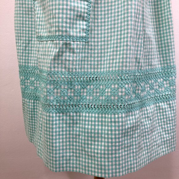 Vintage Handmade Teal Green Gingham Apron Cross Stitch Tie Waist Pocket - Picture 13 of 13